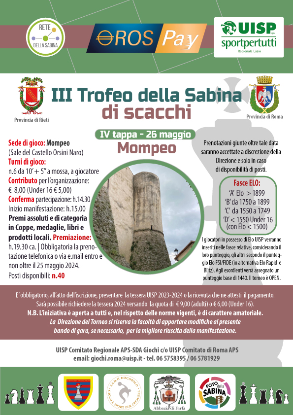 3° Trofeo della Sabina di Scacchi -Mompeo 26 maggio 2024