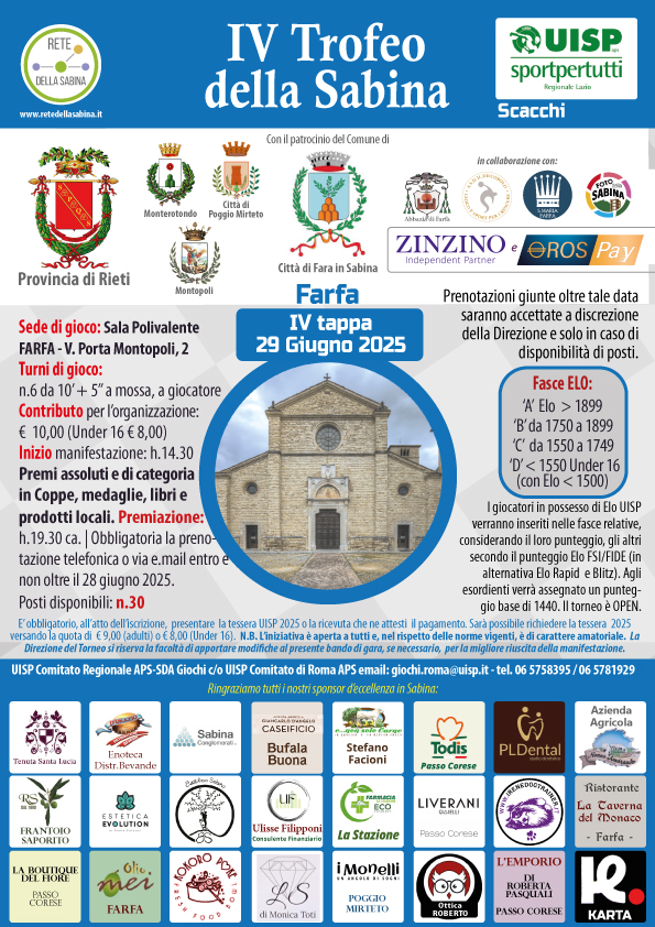 III Tappa del IV Trofeo della Sabina di Scacchi a Farfa il 29 giugno 2025