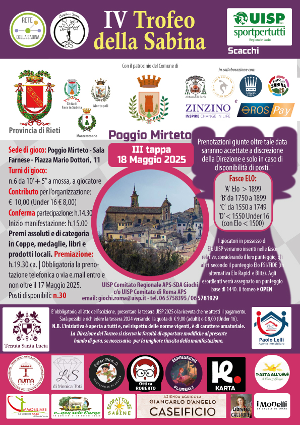III Tappa del IV Trofeo della Sabina di Scacchi a Poggio Mirteto il 18 Maggio 2025