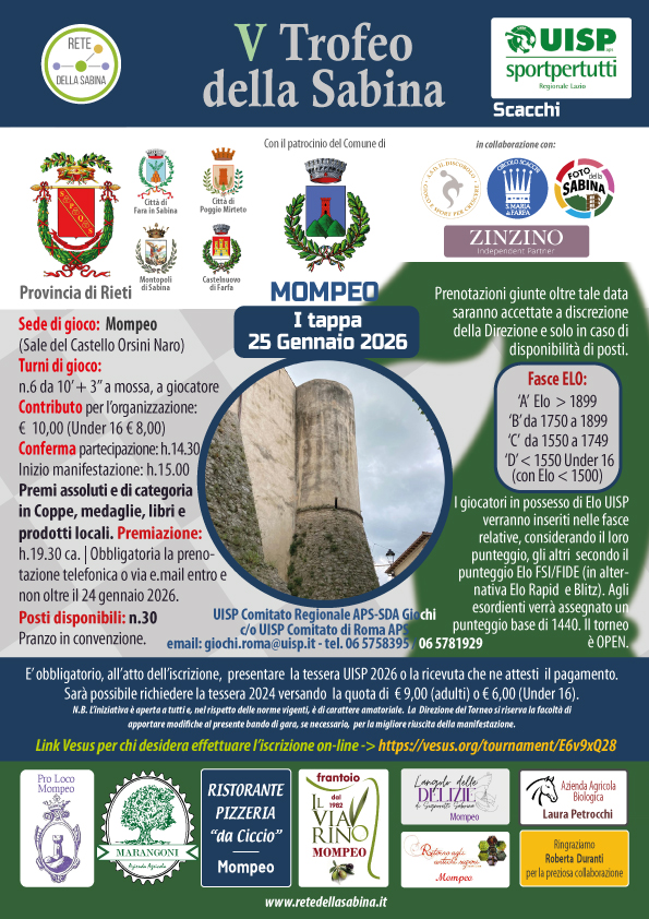 I Tappa del IV Trofeo della Sabina di Scacchi a Mompeo 25 gennaio 2026