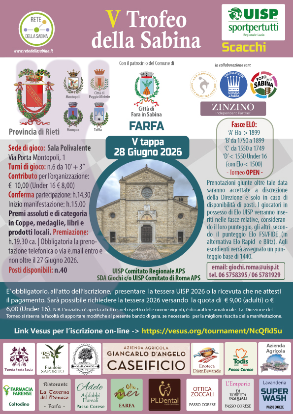 V Tappa del IV Trofeo della Sabina di Scacchi a Farfa il 28 giugno 2026