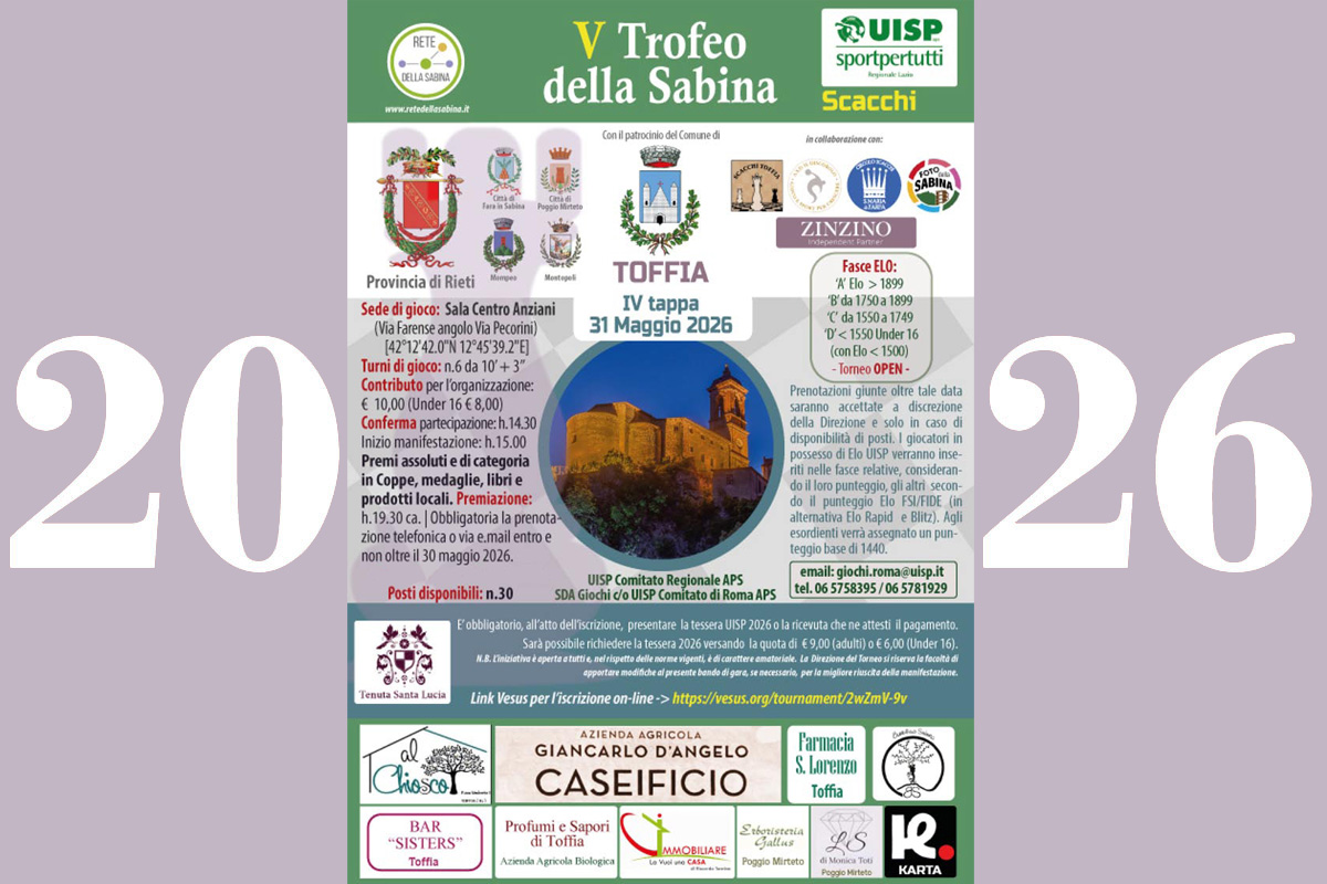 5° Trofeo della Sabina di Scacchi - Toffia 31 Maggio 2026